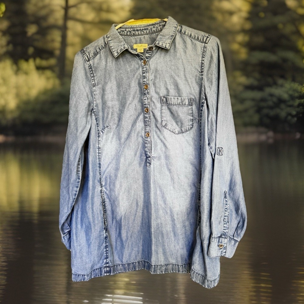 J.Jill Denim Sz‎ Sp Long Sleeve Blue Jean Chambray Blouse Shirt Top Artsy Silky